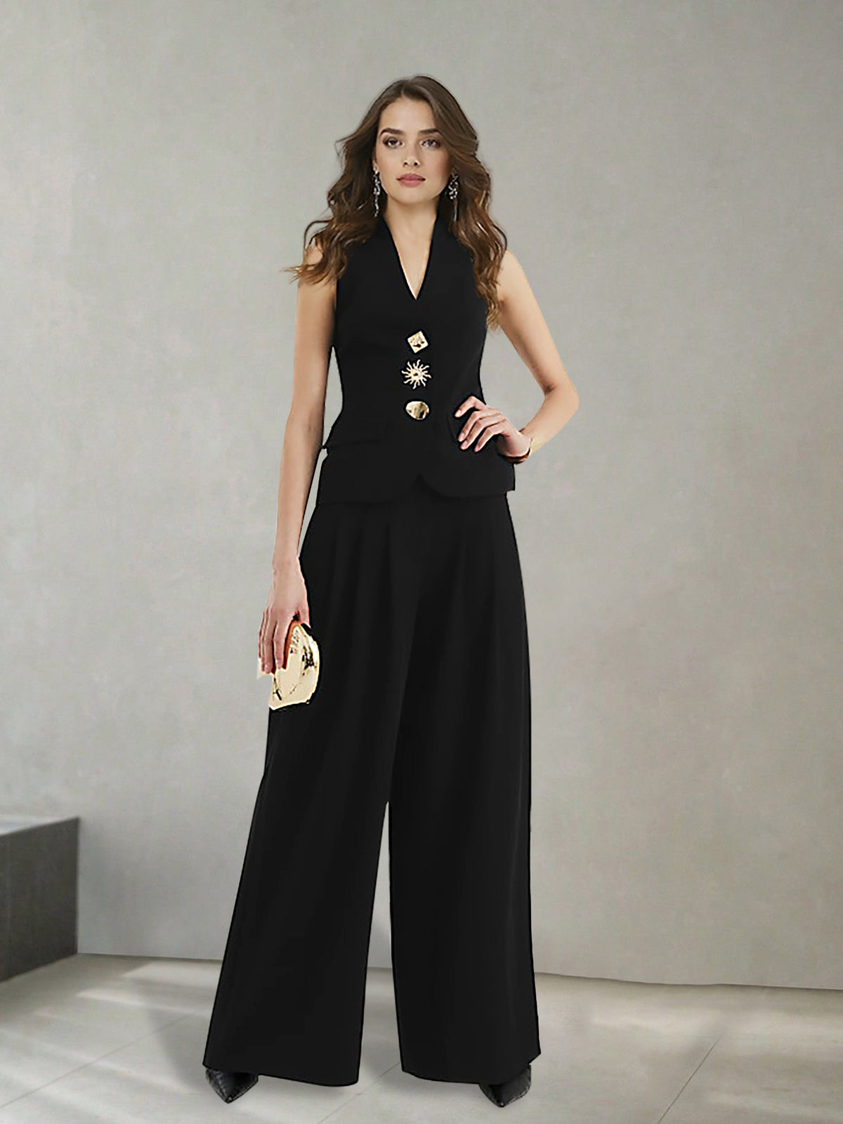 Black High Waist Pleated Wide Leg Suit Trousers Office Formal Loose Straight Dress Pants