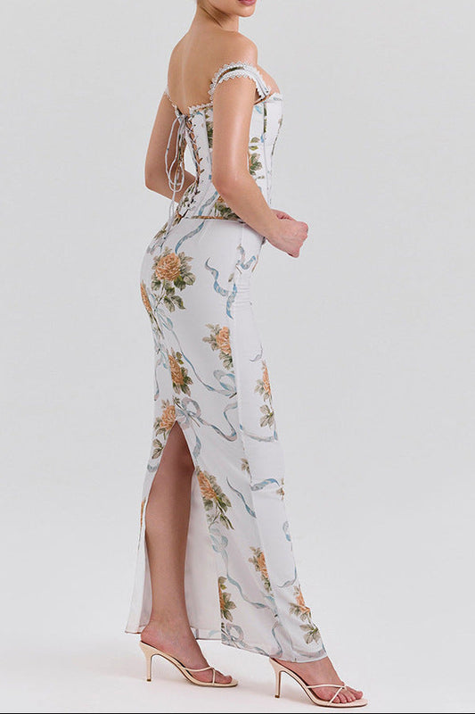 phoenix white Floral Print Fitted Corset Maxi Dress