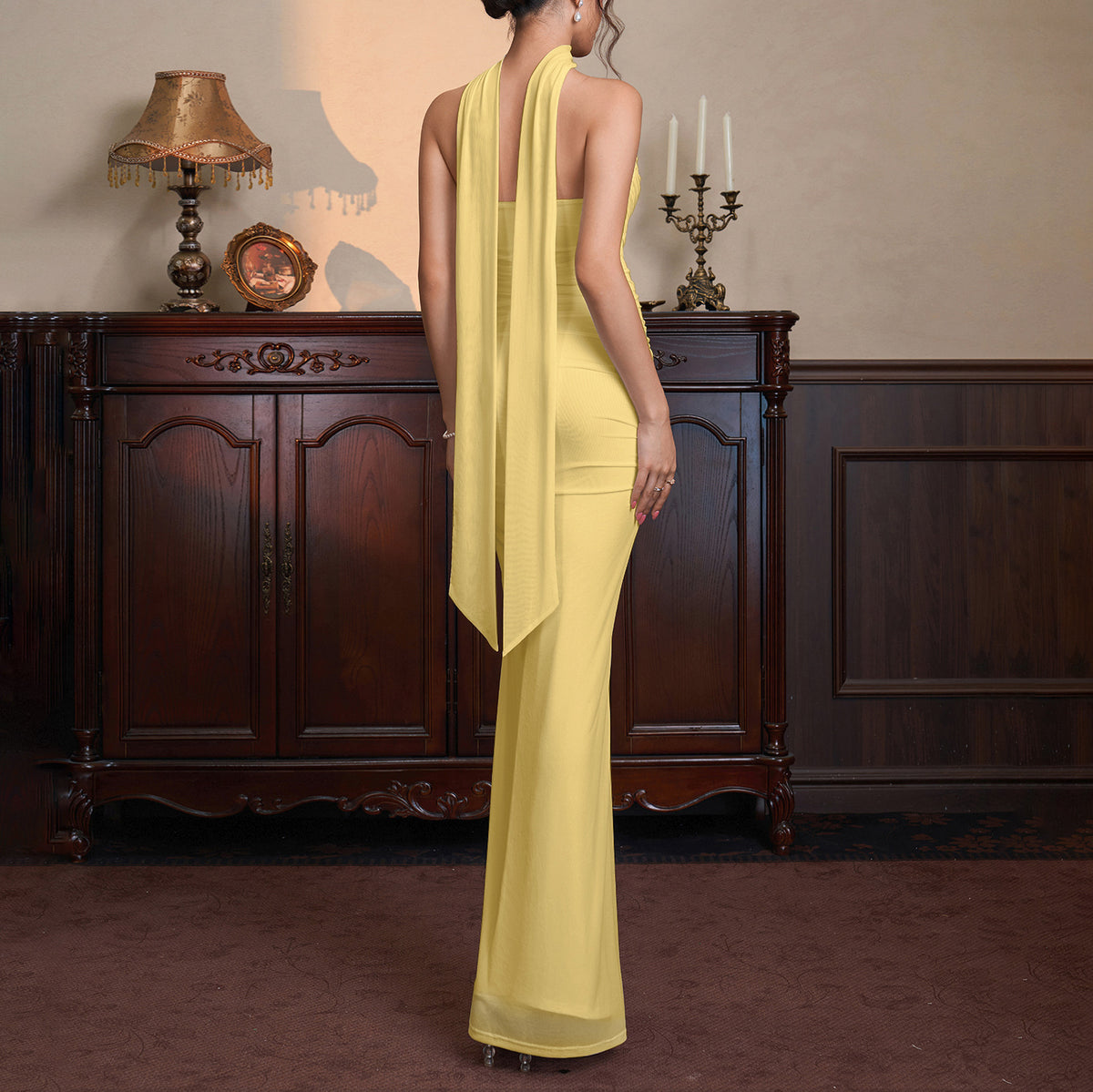 Choker Halter Ruched Mesh Midi Maxi Dress