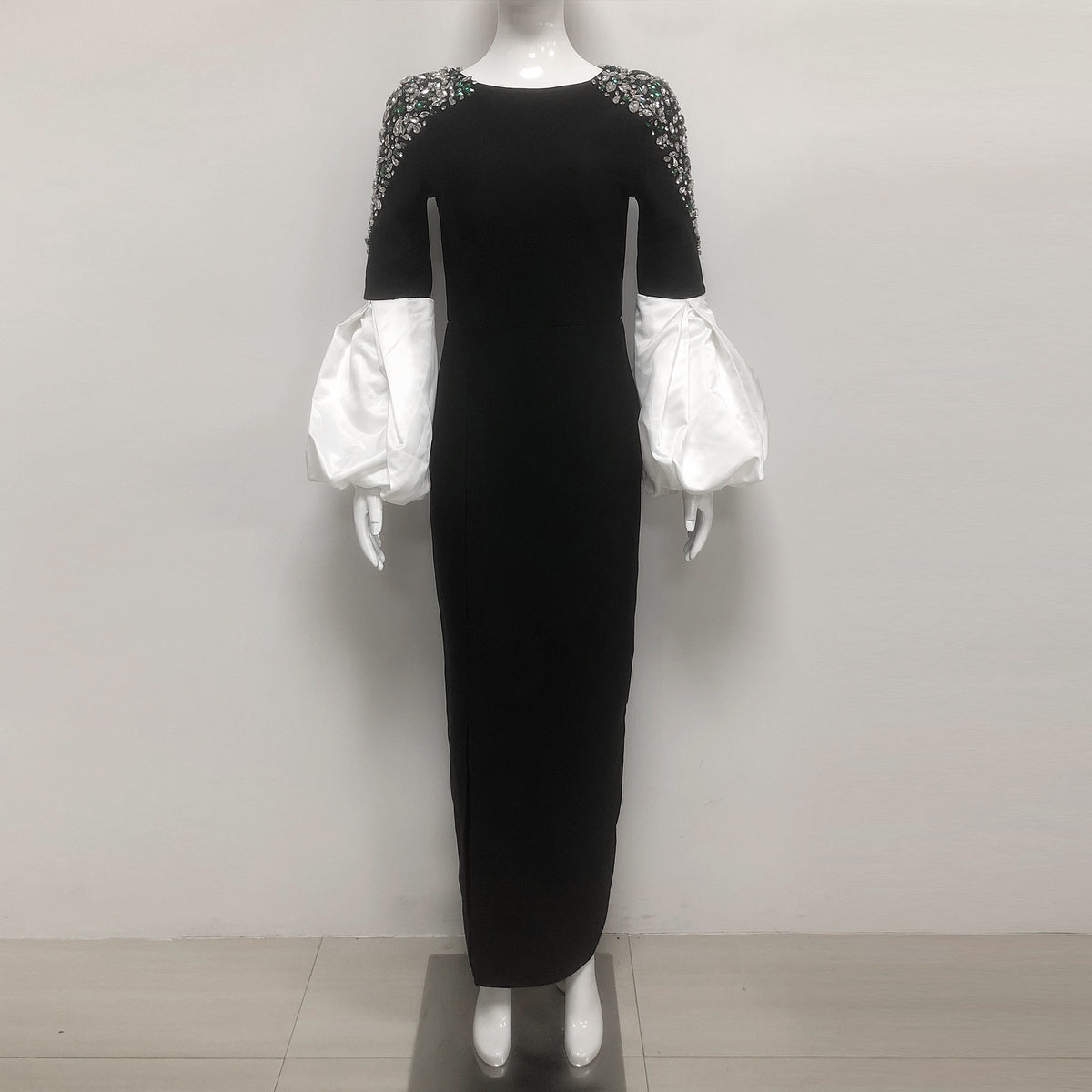 ellen black Long Sleeve Rhinestone Contrast Bandage Maxi Dress