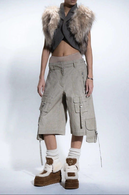 Sleeveless shoulder fur patchwork cropped jacket
