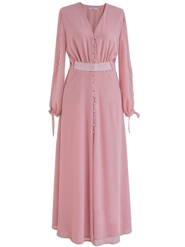pink long-sleeved maxi dress