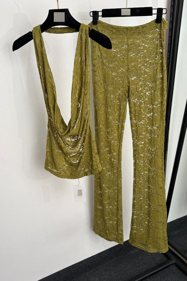 olive green floral lace fitted halter top with draped cowl neck and open back; high-waisted slim-fit pants flaring from the knee two-piece set (halter top and matching pants)