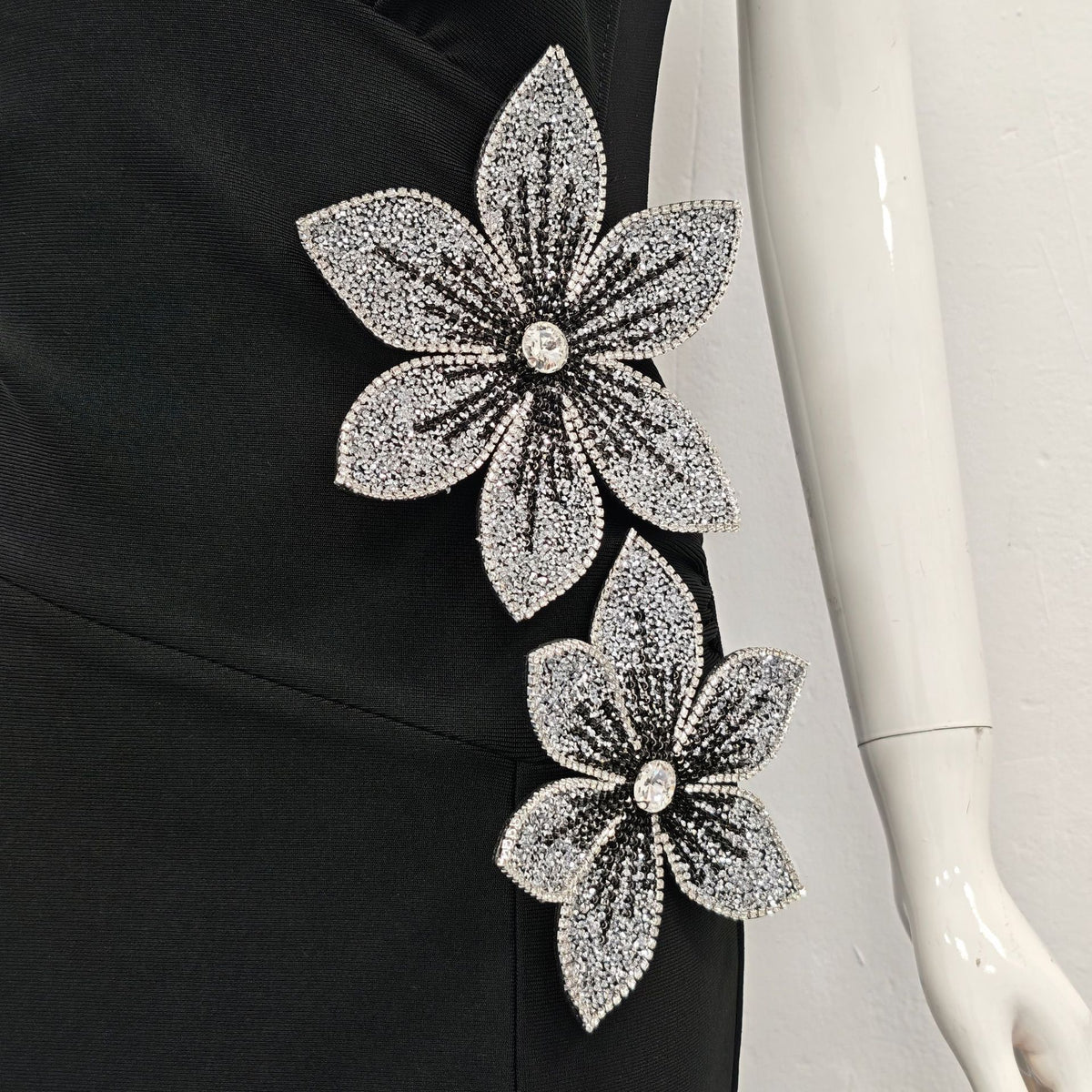 rita black 3D Floral Rhinestone Bodycon Slit Maxi Bandage Dress