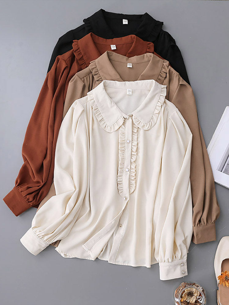 Cream Ruffled Peter Pan Collar Puff Long Sleeve Satin Blouse Elegant Office Ladies Shirt