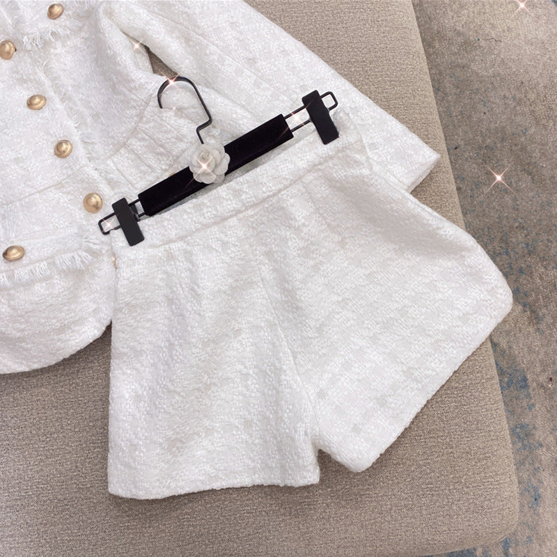 Metal button wool shorts two-piece set - white