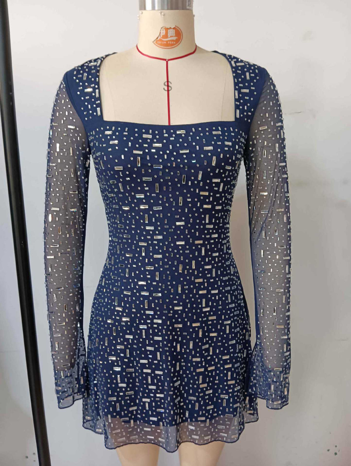 amanda navy Long Sleeve Rhinestone Mesh Mini Dress