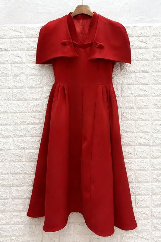 Red Structured Crepe Fit-and-Flare Midi Dress with Capelet