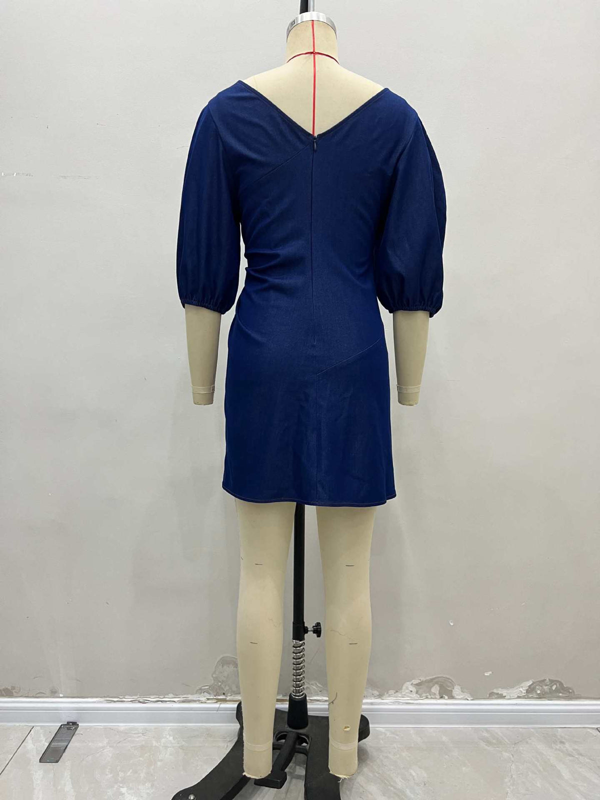 Dark Denim Boat Neck Puff Sleeve Side Ruched Gold Button Mini Dress