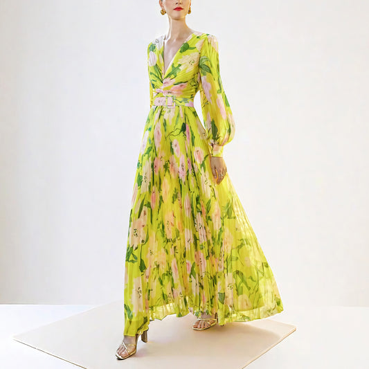 yellow floral long sleeves pleated patterned dress