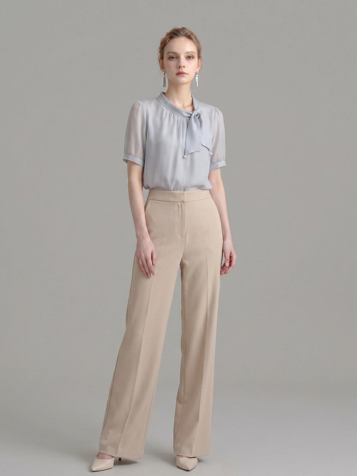 Pearl Decor Tie Neck Puff Short Sleeve Satin Blouse