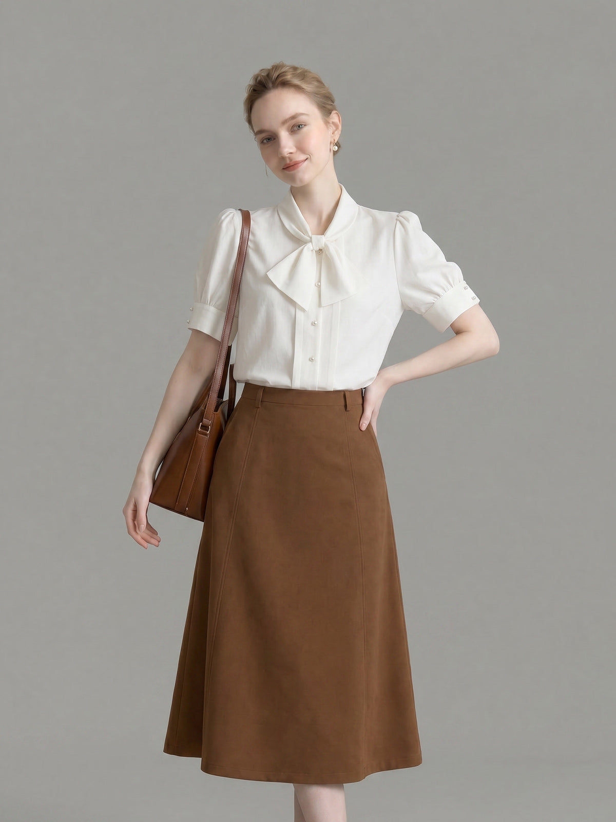 Bow Tie Neck Pearl Button Puff Short Sleeve Satin Blouse