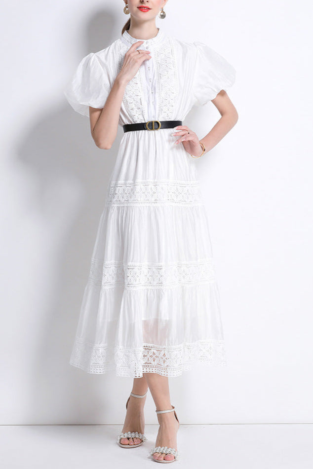 White adelaide lace Belted Trim Midi Dress