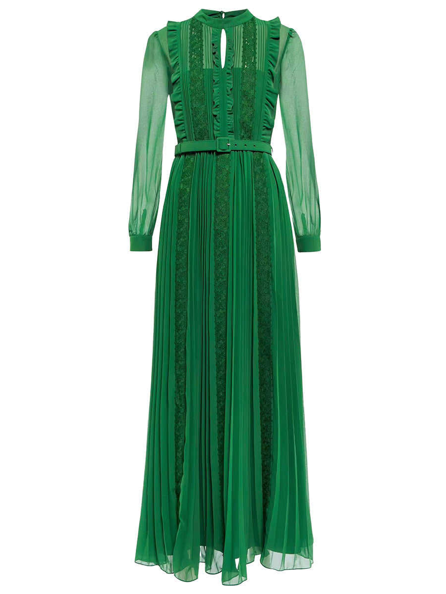 green long sleeve lace splicing pleated dress