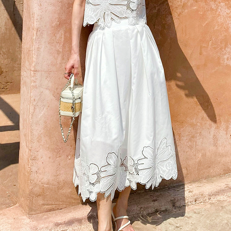 white cut-out top embroidered skirt suit