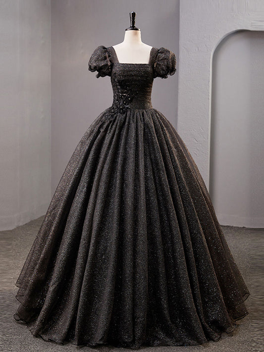 shiny Black Square Neckline Tulle Prom Dress