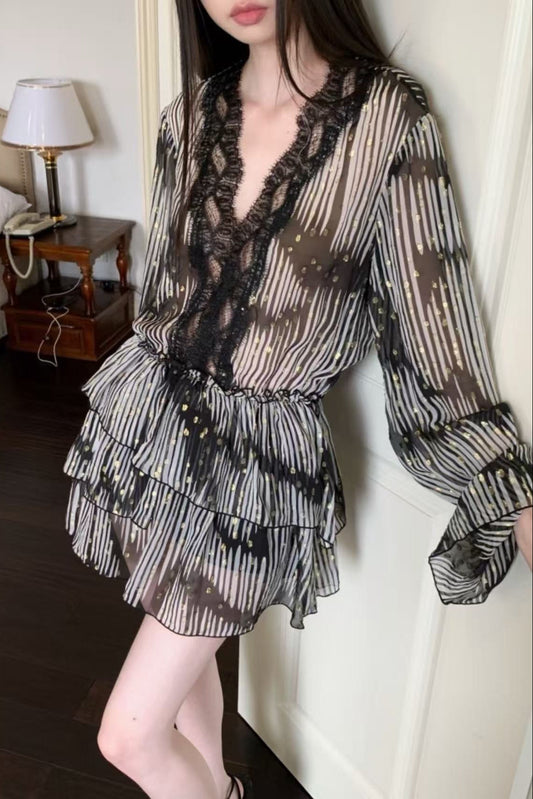 georgia Lace V-neck printed gold leather jacquard mini shirt dress - black