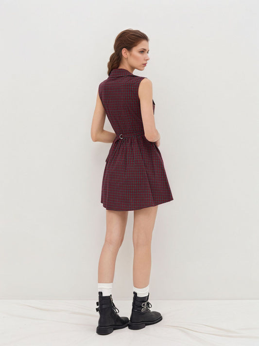 Red Plaid Sleeveless Lapel V Neck Button Front Fit And Flare Mini Dress Summer Retro Dress