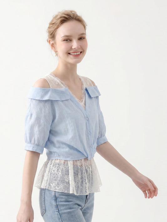 Two Piece Cold Shoulder Twist Hem Blouse With Lace Camisole