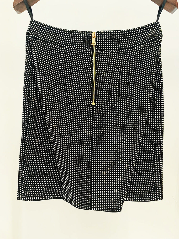 PATCHWORK RHINESTONE SKIRT IN BLACK