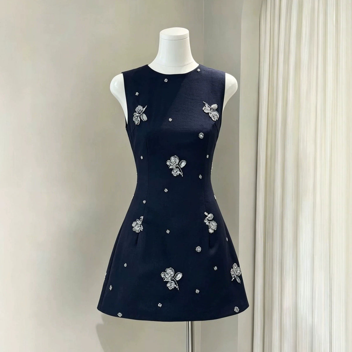 Black Structured Woven A-Line Mini Dress with Silver Floral Embroidery