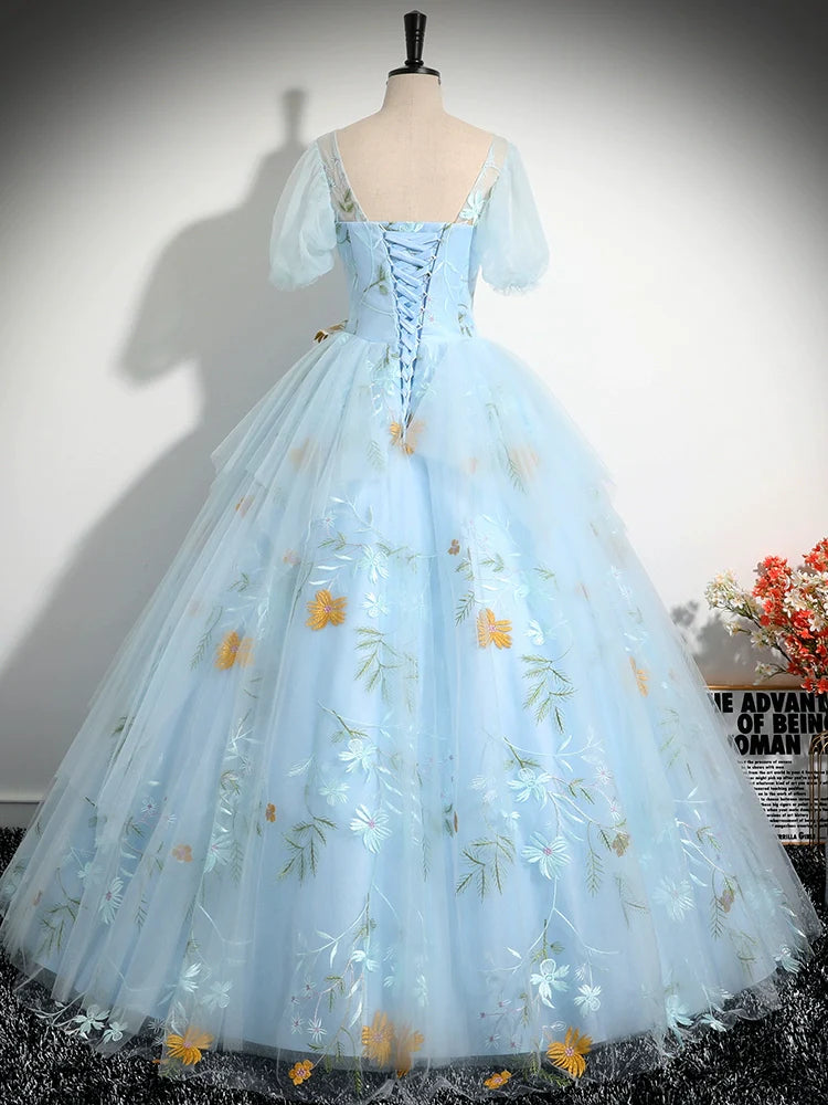 V Neck Tulle Lace Blue Prom Dress