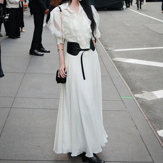 layered ruffle mesh slightly transparent shirt dress
