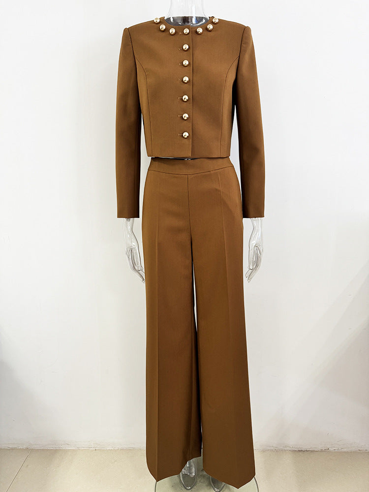 miranda pale brown button-decorated short jacket two-piece set