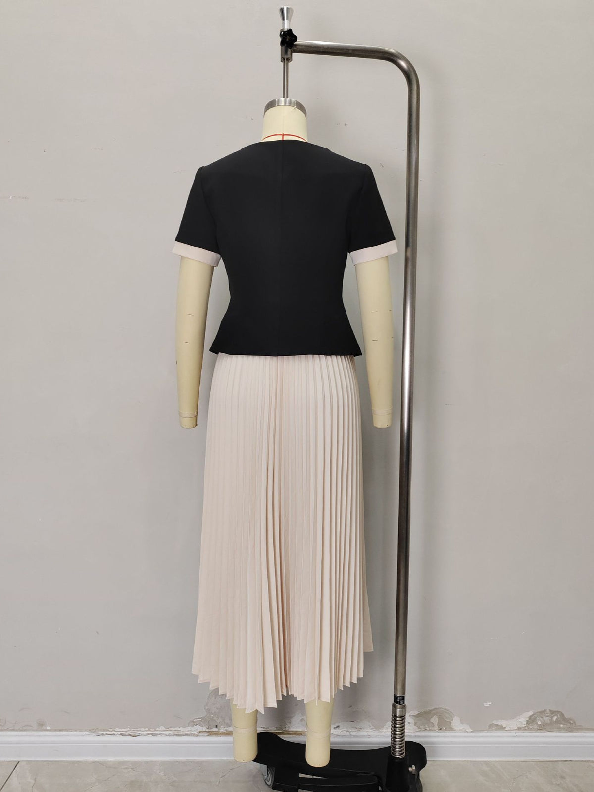 Black Square Neck White Cuff Gold Button Short Jacket & White Pleated Midi Skirt Two-Piece Set