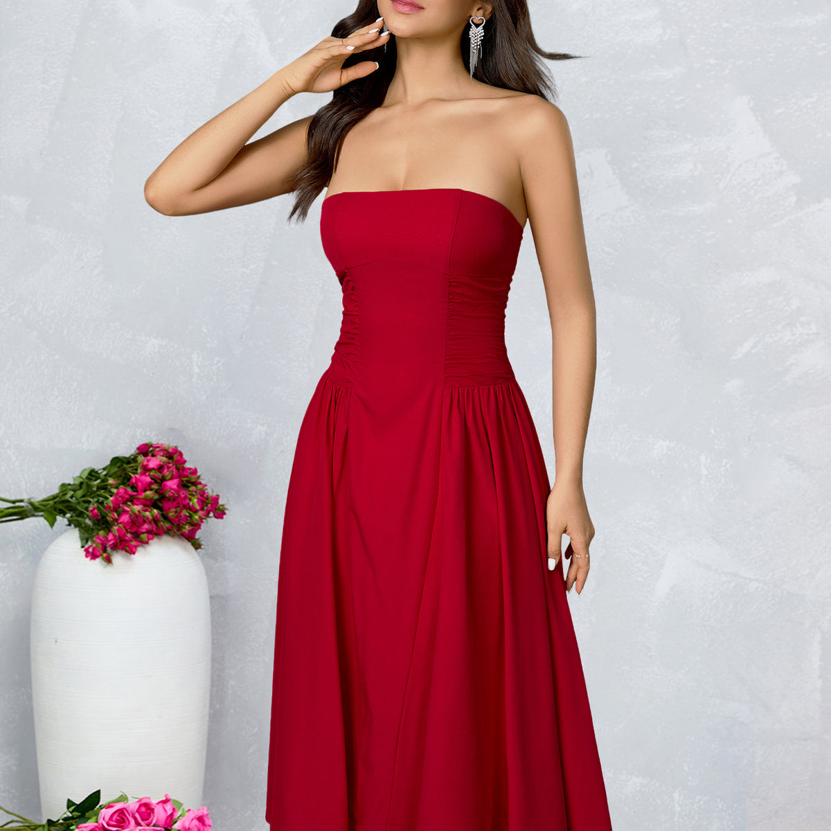 Strapless Side Ruched Flared Midi Dress
