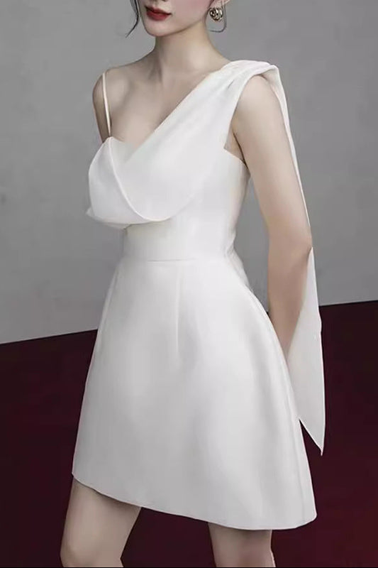 White Asymmetrical One-Shoulder Mini Dress with Sash Tie