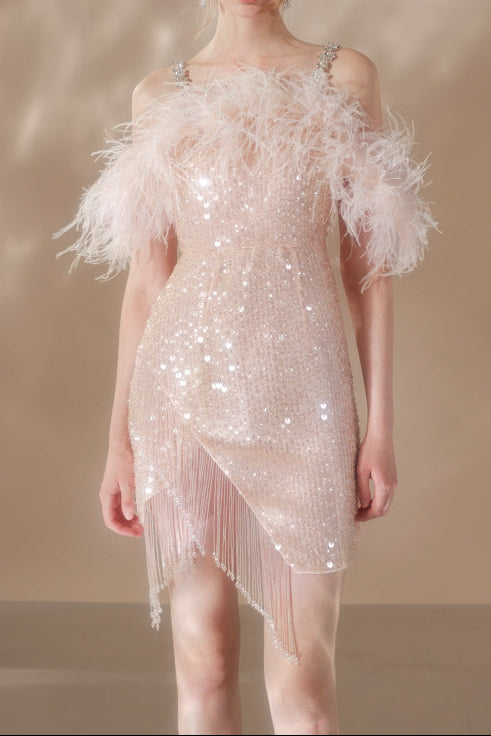 priscilla sequin feather crystal-strap mini dress in pink