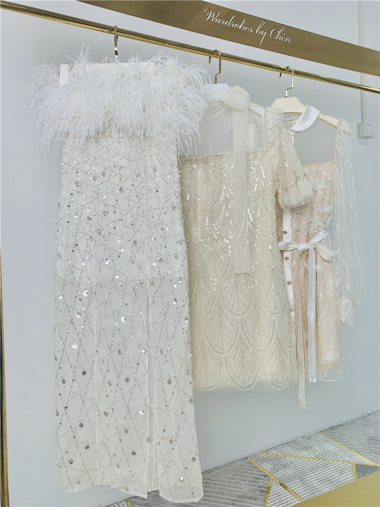 Masa White Haute Couture Feather Sequin Dress