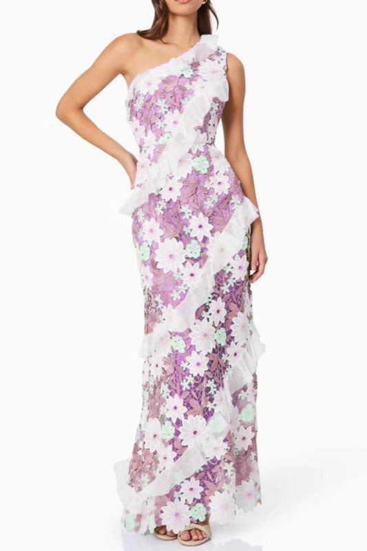 Floral One Shoulder Lace Maxi Dress in purple