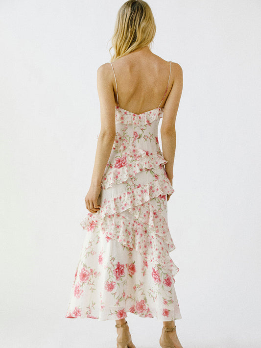 White Floral Print Ruffled Spaghetti Strap Midi Dress
