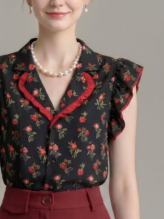 Red Rose Floral Ruffle Trim Sleeveless Shirt