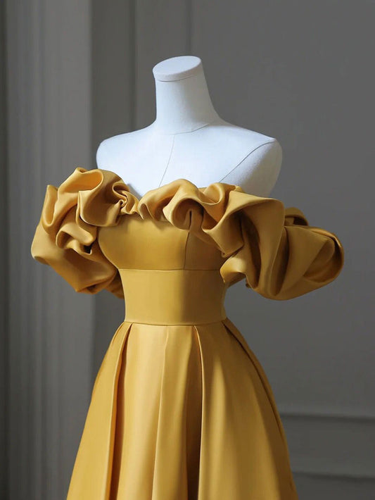 Yellow A-Line Satin maxi Prom Dress