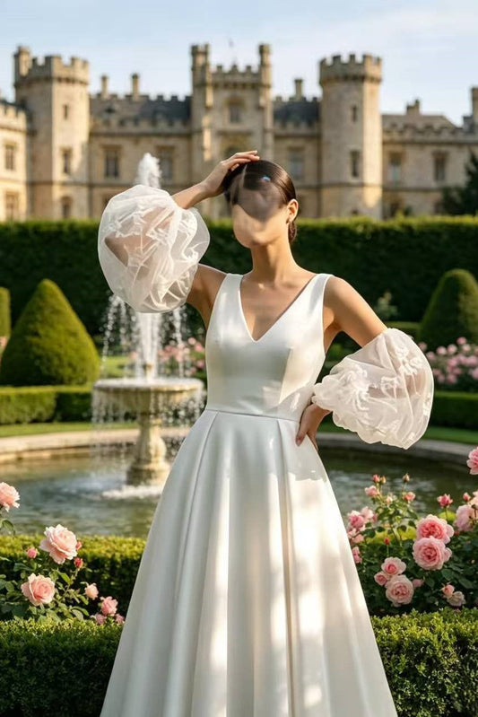 Satin V-Neck A-Line Wedding Gown with Detachable Floral Lace Bubble Sleeves