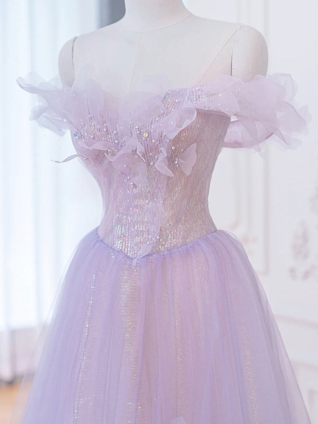 A-Line Purple Off Shoulder maxi Prom Dress