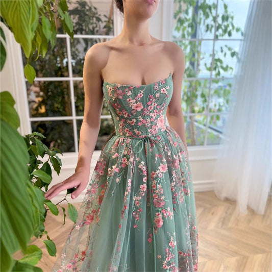 Strapless Floral Tulle Ballerina Midi Dress