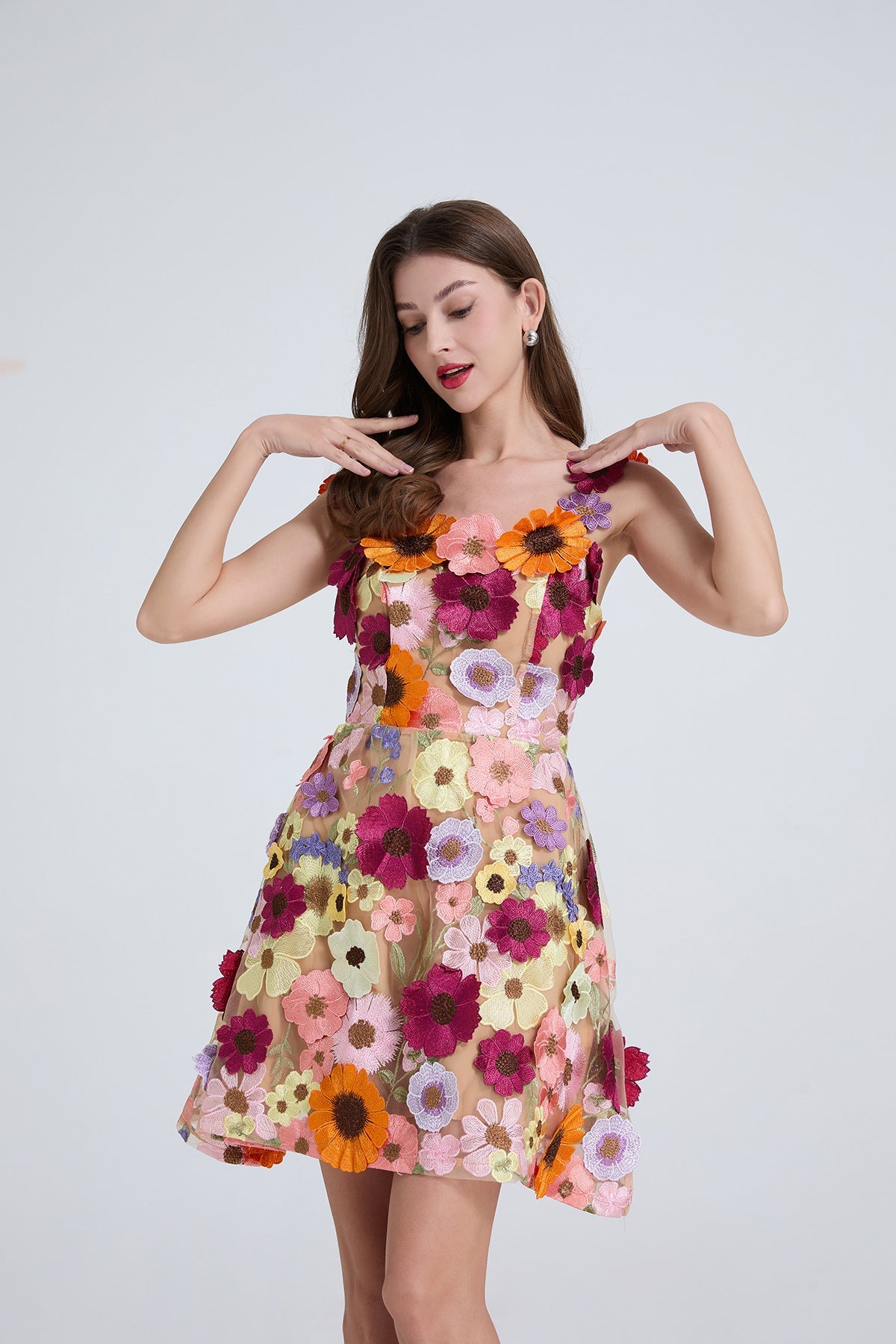 georgia 3d Floral Lace mini Dress in apricot