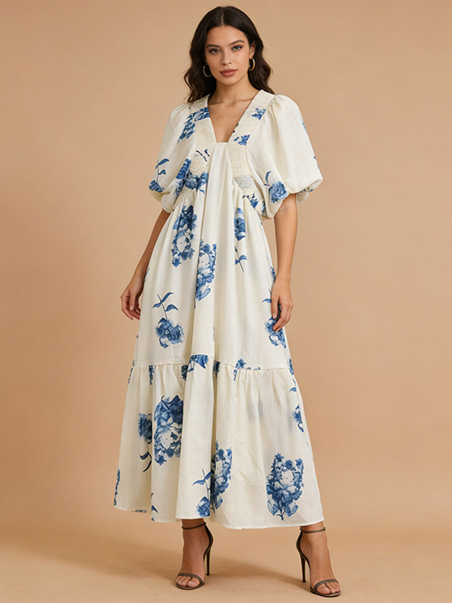 susie Print Smocking Puff Sleeve Midi Dress - blue