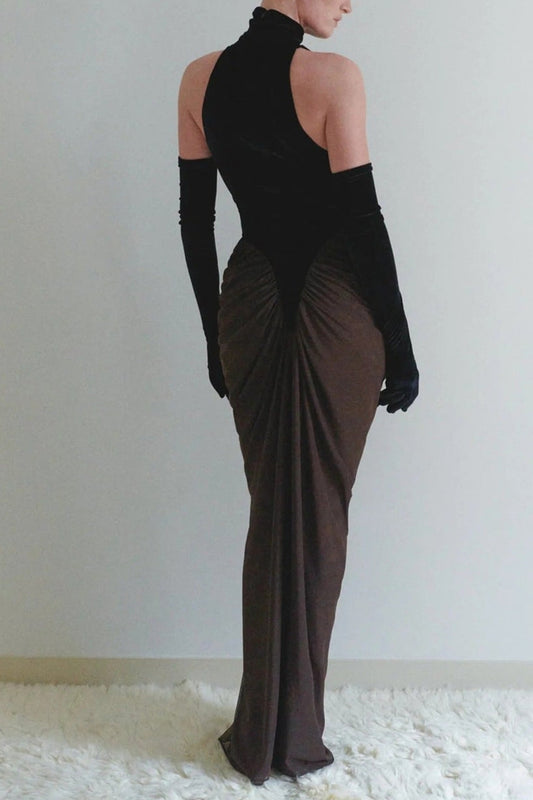 velvet mesh patchwork maxi dress in black