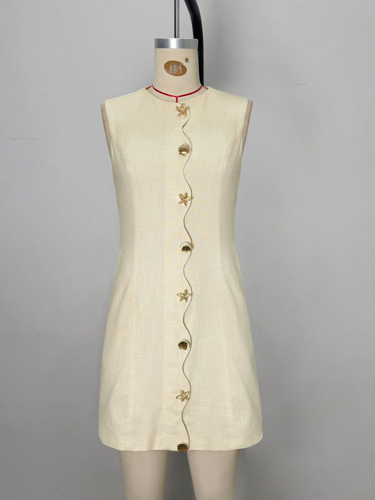 Pale Yellow Sleeveless Round Neck Star Shell Button Straight Mini Dress