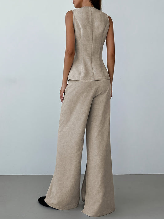 Khaki High Waist Front Slit Wide Leg Suit Pants Textured Linen Blend Office Trousers