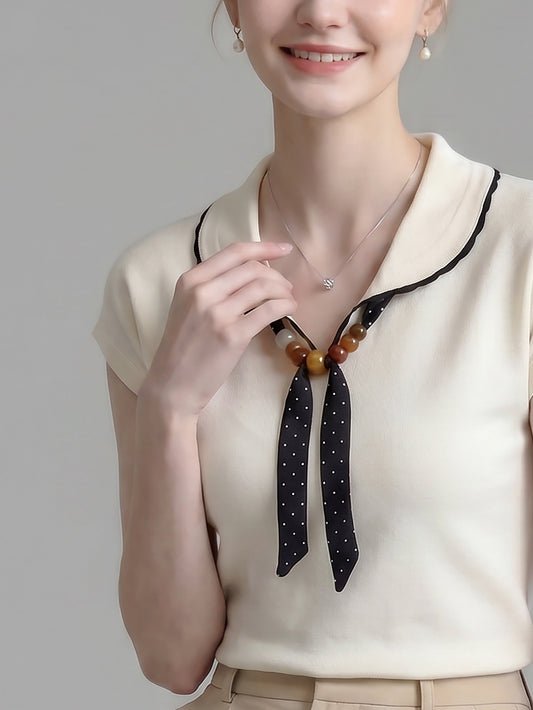 Scalloped Collar Polka Dot Bow Cap Sleeve Knit Top