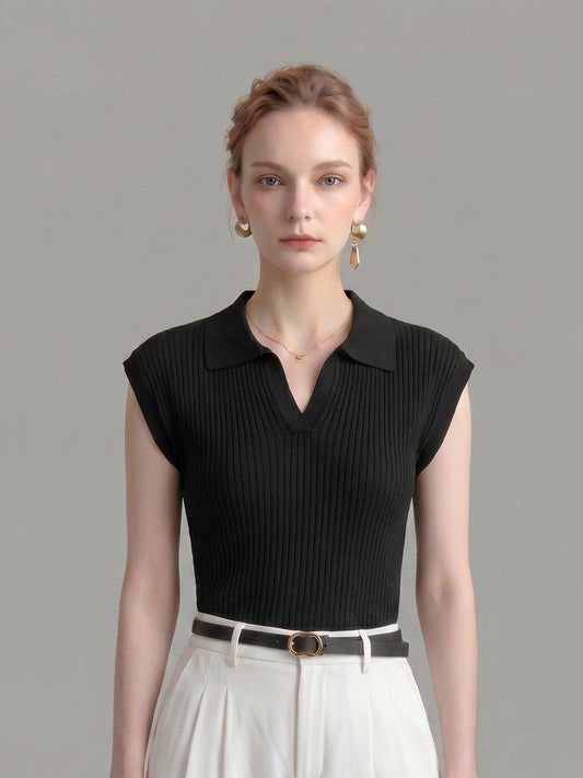 Polo Collar Cap Sleeve Ribbed Knit Tank Top