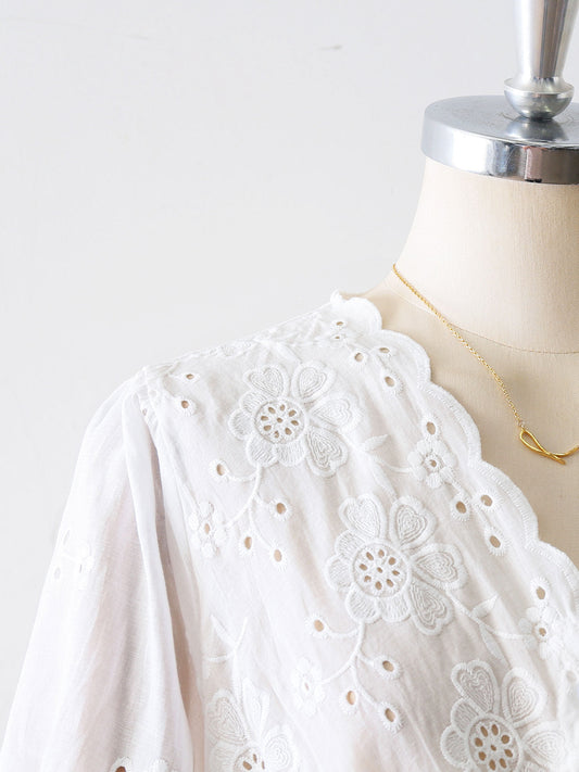 Scalloped V Neck Floral Embroidery Eyelet Puff Short Sleeve Blouse