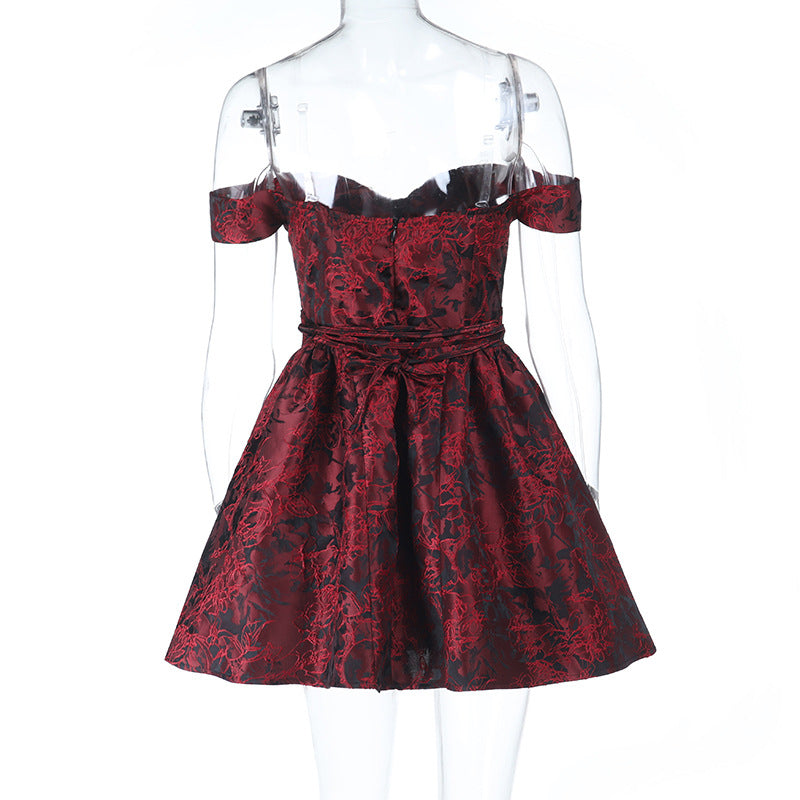 Jacquard slim waist strapless puffy mini dress in wine red