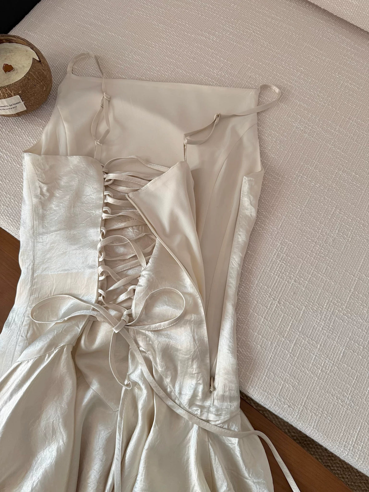 Ivory Spaghetti Strap Satin Lace Underlayer Hem Midi Slip Dress